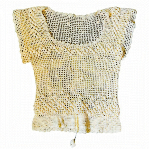 HANDMADE Hand Crafted Crochet Pale Yellow Hand Knitted Y2K Short Sleeve Top - Picture 1 of 8